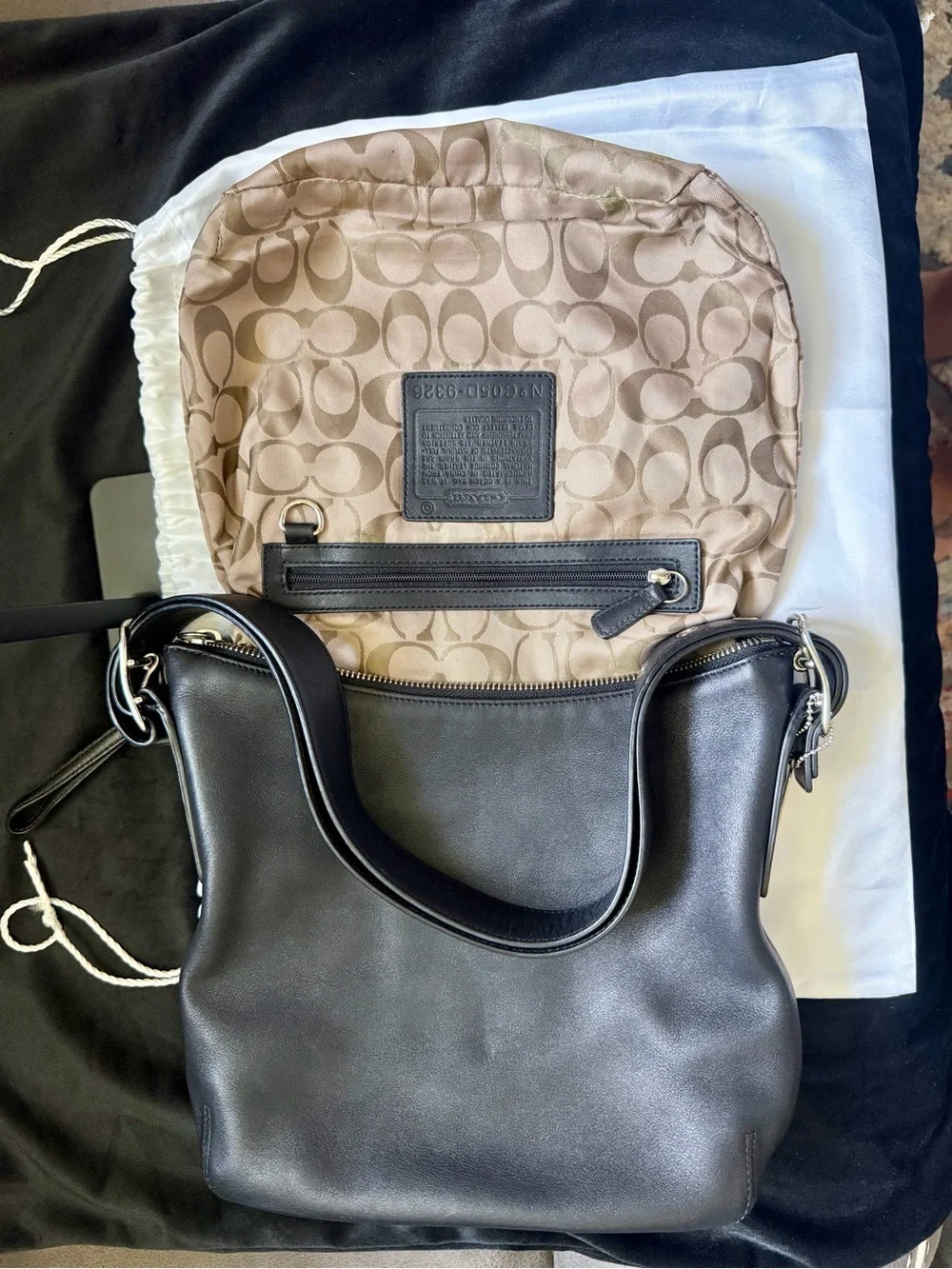 Coach Black Leather Shoulder Hobo Bag with Silver Hardware